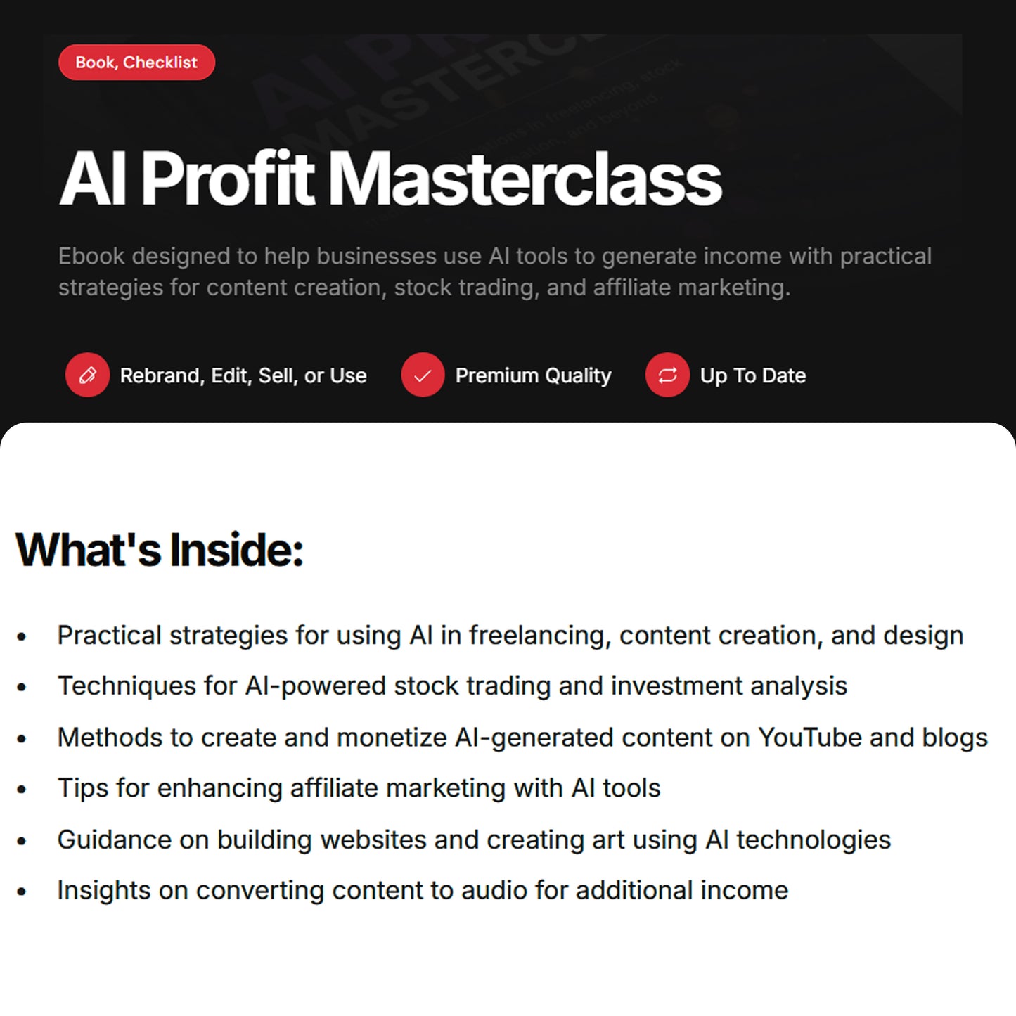 AI Profit Masterclass | Ebook & Checklist | Monetize AI for Side Hustles, Content Creation, Online Business, AI Guide with plr mrr