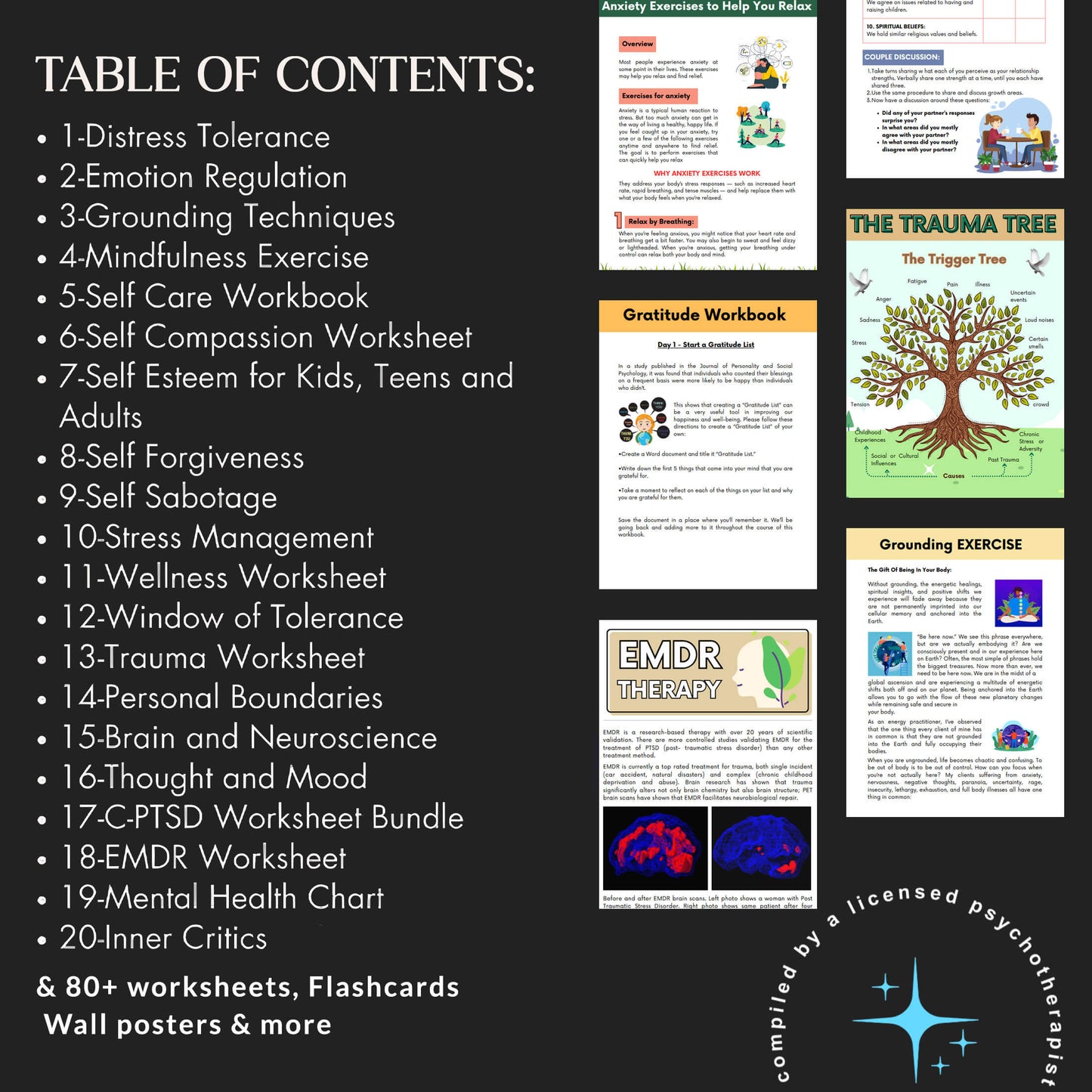 100+ Therapy worksheets bundle, psychology resources, inner critic, boundaries, trauma, acceptance therapy, grief