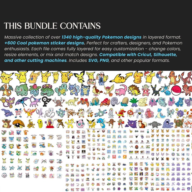 Mega Pokemon Bundle 1900+ Files, Unique Pokemon Designs Png, Vector Layered Svg Files, Charizard, Pikachu Png, Cricut Easy Pokemon Png