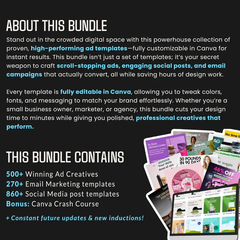 Winning Ad Creatives Mega Bundle, Meta Static Ad Creatives Canva Templates, Marketing Ad Templates, Facebook Ads, Email Canva Templates