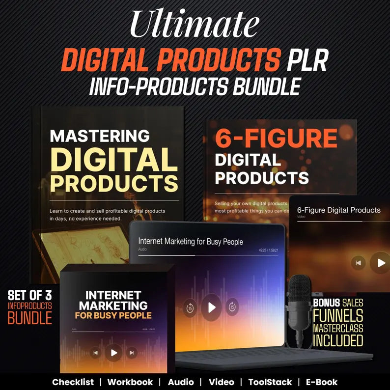 Digital Products Masterclass, Audio Course, Tool stack, Guides, E-Books, Bonuses, Set of 3 PLR info products bundle