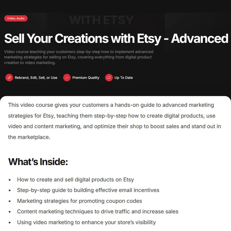Etsy Success Masterclass, Audio, Video Course, Toolstack, Guides, E-Books, Bonuses, Set of 3 PLR info-products