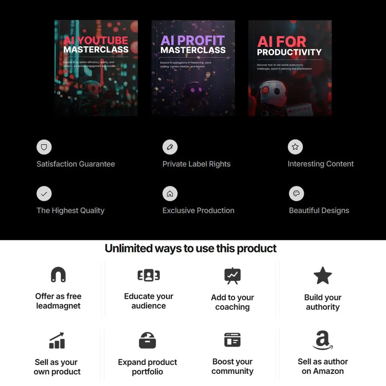 AI Masterclass with bonus Audio, Video Course, Tool stack, Guides, E-Books, Set of 3 PLR info products bundle