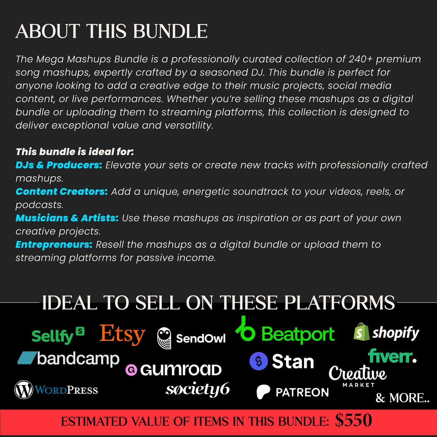 Mega Music Mashups & Edits Bundle, DJ Compiled premium Mashups and edits, Royalty Free Songs
