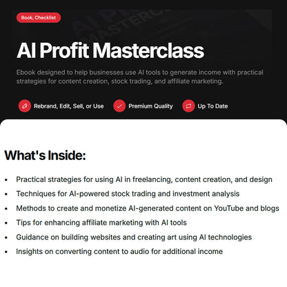 AI Profit Masterclass | Ebook & Checklist | Monetize AI for Side Hustles, Content Creation, Online Business, AI Guide with plr mrr