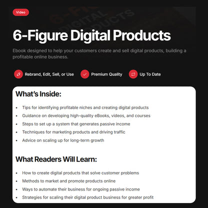 6 Figure Digital Products Guide | Ebook, Checklist, Audio, Video Course | Create Profitable Online Business & Passive Income