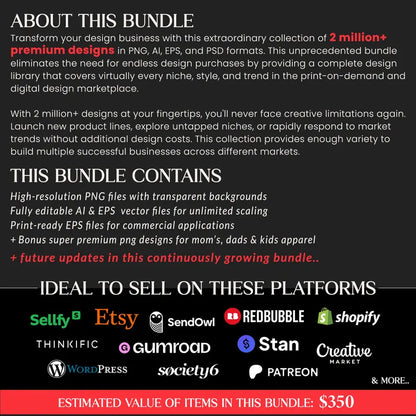 2 Million PNG Designs Mega Bundle, thousands of Bonus HQ Designs, 400gb assets for POD, T-Shirts, Stickers,Tees, Hoodies, Tanktops & more