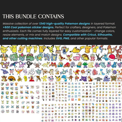Mega Pokemon Bundle 1900+ Files, Unique Pokemon Designs Png, Vector Layered Svg Files, Charizard, Pikachu Png, Cricut Easy Pokemon Png