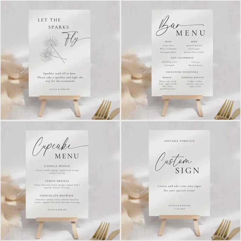 Wedding Signage Bundle Canva, Minimalist Reception Signs Template Package, Modern Editable Wedding Stationery, Printable DIY Decor