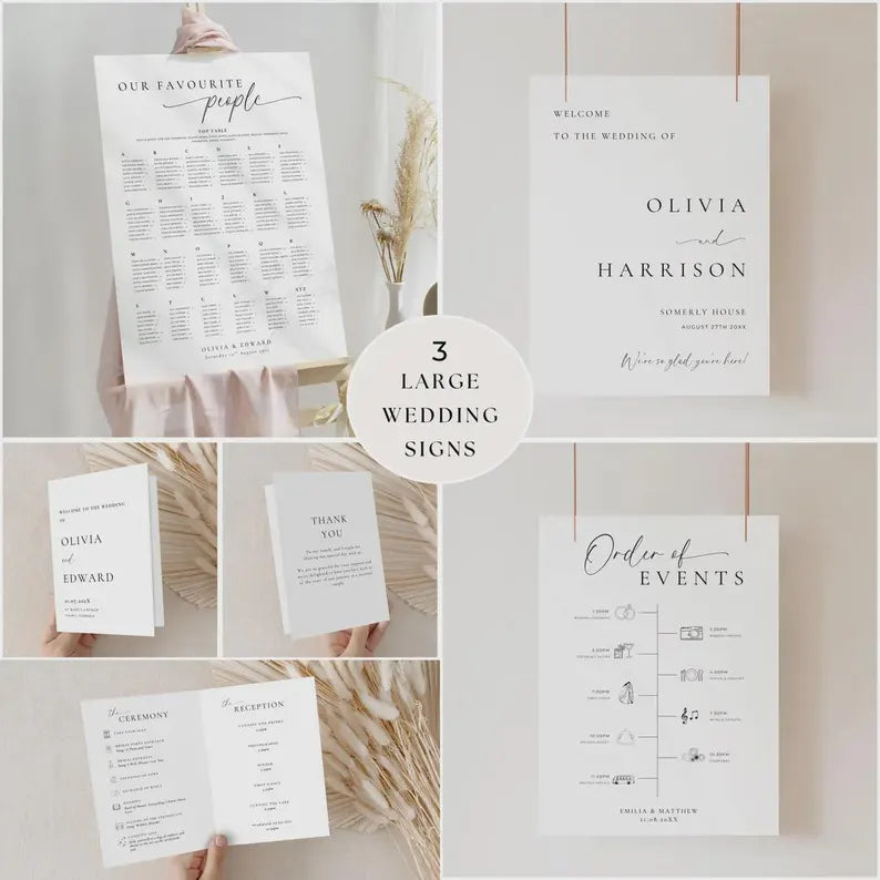 Wedding Signage Bundle Canva, Minimalist Reception Signs Template Package, Modern Editable Wedding Stationery, Printable DIY Decor