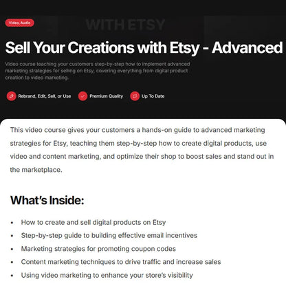 Etsy Success Masterclass, Audio, Video Course, Toolstack, Guides, E-Books, Bonuses, Set of 3 PLR info-products