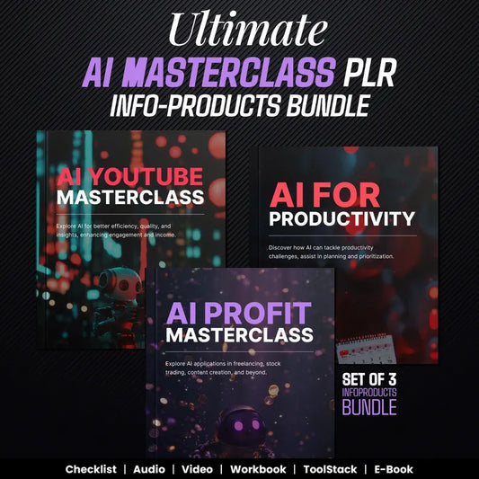 AI Masterclass with bonus Audio, Video Course, Tool stack, Guides, E-Books, Set of 3 PLR info products bundle