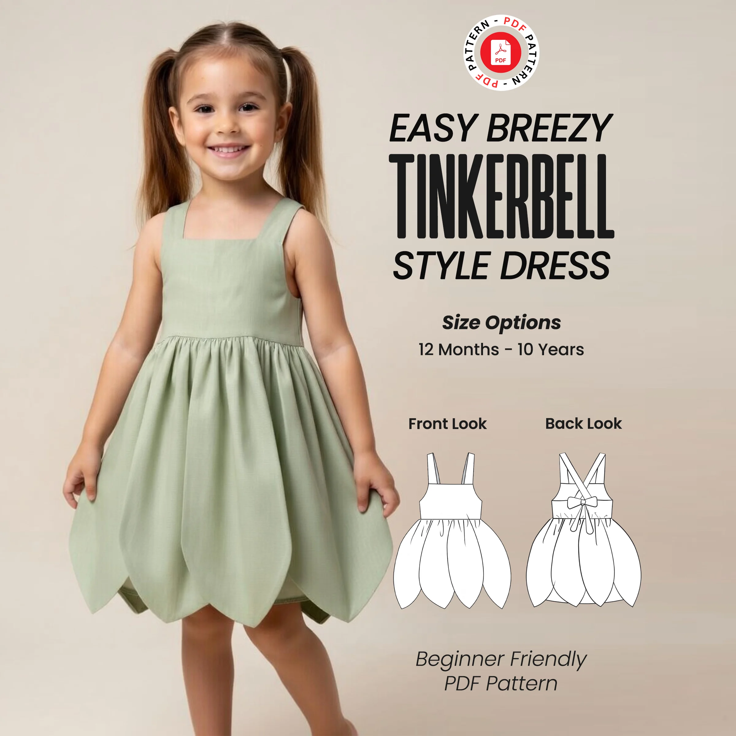 Tinkerbell Style Dress Sewing Pattern: Girl Sizes 8mo - 10 yrs (Digital Download)