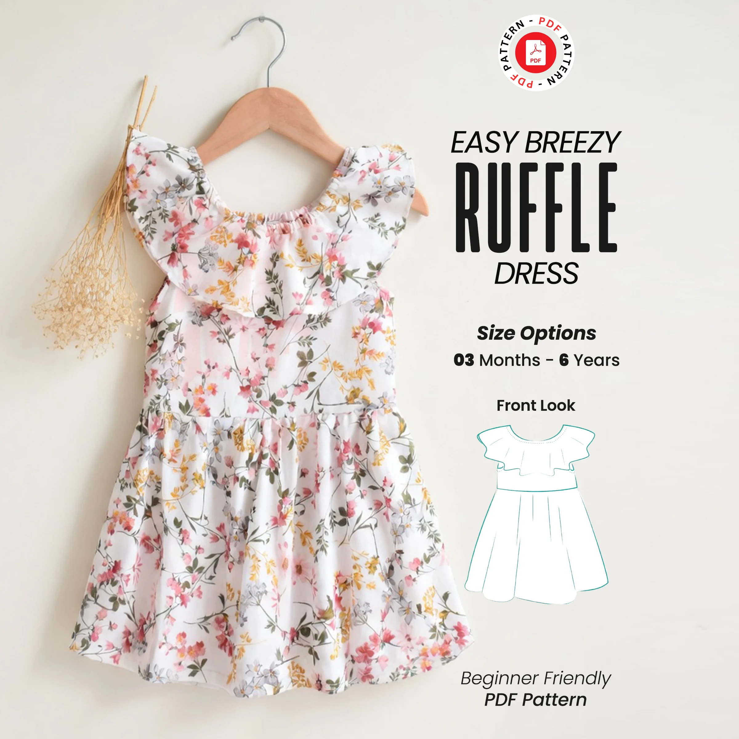 Ruffle Sleeves Dress Sewing Pattern: Girl Sizes 03 mo - 6 yrs (Digital Download)