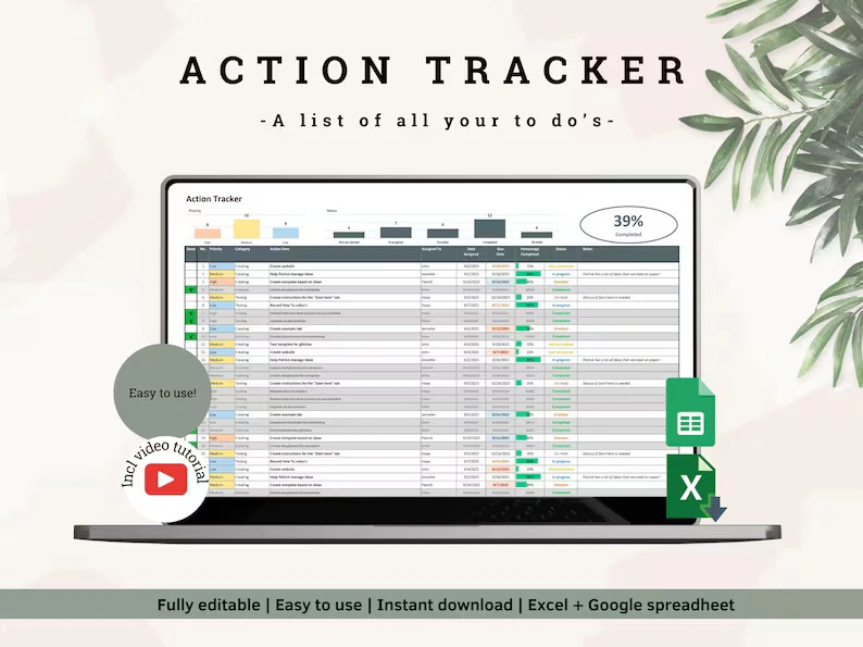 Digital Action Tracker Spreadsheet, Google Sheets To-Do List, Task Manager Excel Template, Project Management Dashboard & Progress Tracker - Image 2