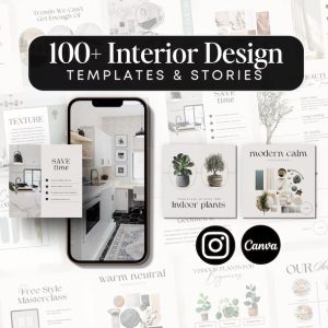 100+ Interior Design Templates & Stories, Canva Editable Home Decor Branding Kit, Aesthetic Boutique Interior Marketing Bundle, Modern Social Media Content Pack