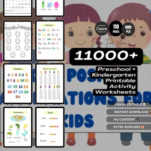 11,000+ Preschool & Kindergarten Printable Activity Worksheets, Huge Kids Learning Bundle, PLR & MRR Canva Templates, Educational Digital Product