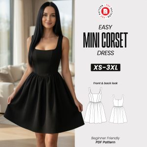 Corset Mini Dress Sewing Pattern, Square Neck Bustier Eveningwear (PDF Download)