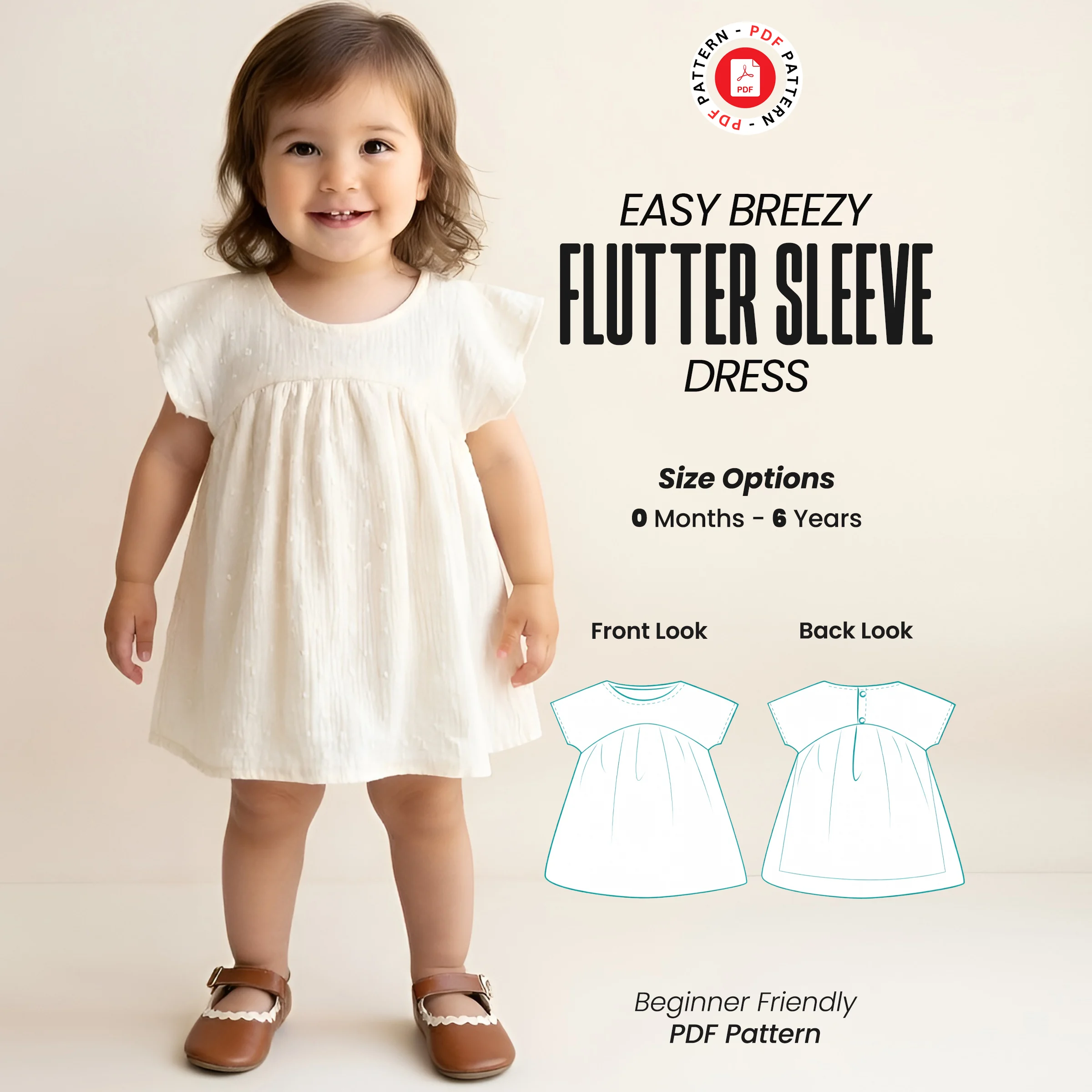 Flutter Sleeve Dress Sewing Pattern: Girl Sizes 0 mo - 6 yrs (Digital Download)
