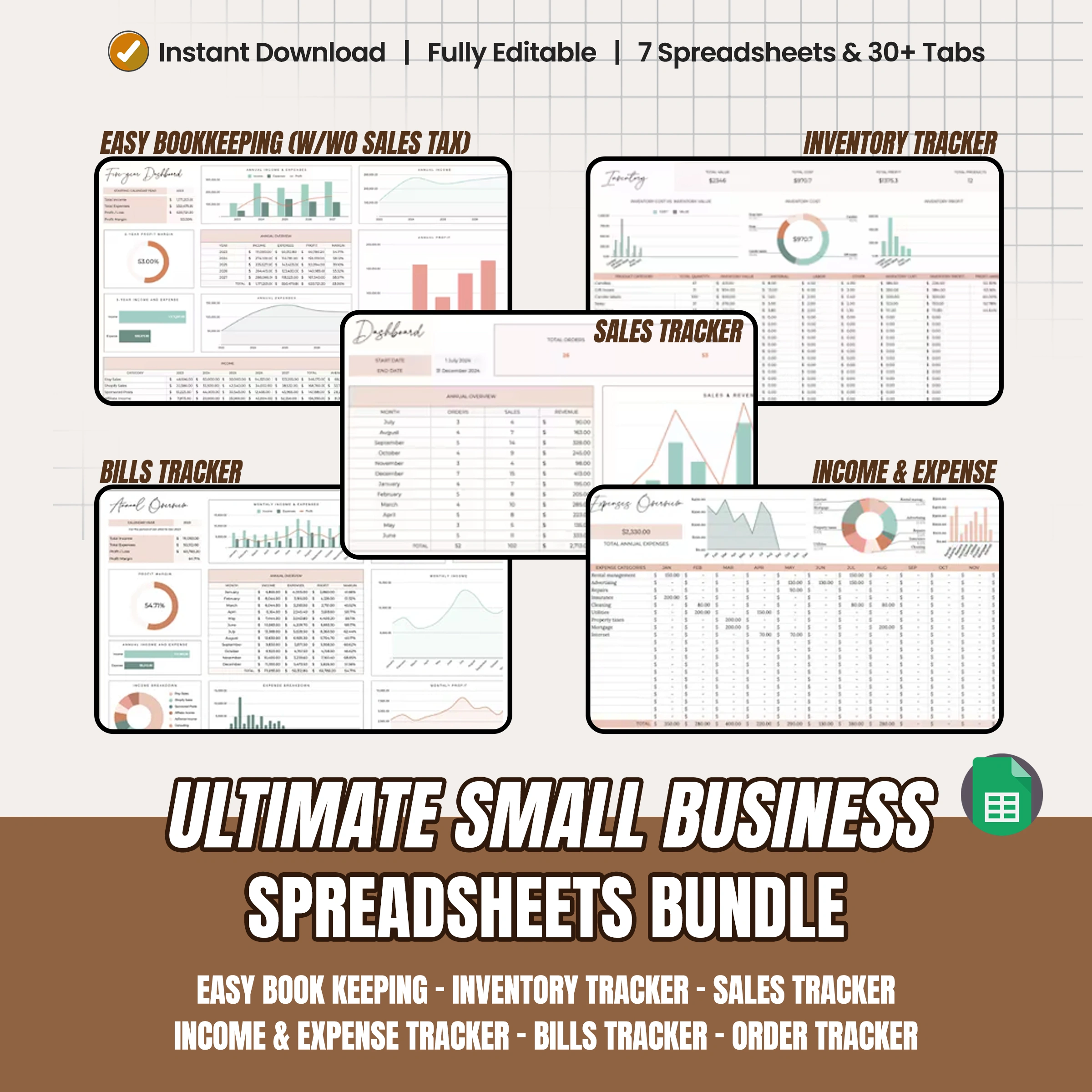Small Business Bundle Bookkeeping Inventory Tracker Order, Tracker, Bill Tracker Google Sheet Excel