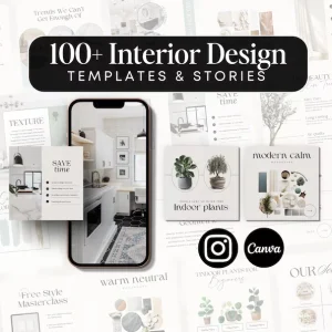 100+ Interior Design Templates & Stories, Canva Editable Home Decor Branding Kit, Aesthetic Boutique Interior Marketing Bundle, Modern Social Media Content Pack