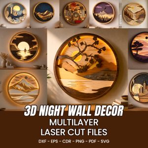 3D Night Wall Decor, Multilayer Laser Cut Files, Shadow Box Wood Art, Glowing Landscape SVG Bundle