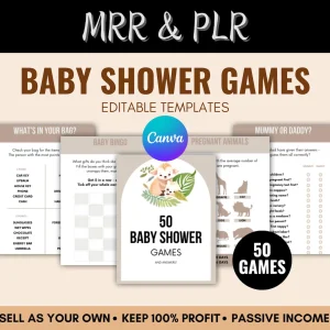 50 Baby Shower Games Editable Bundle, MRR & PLR Canva Templates, Fun Party Games with Answers, Resell Rights Digital Product