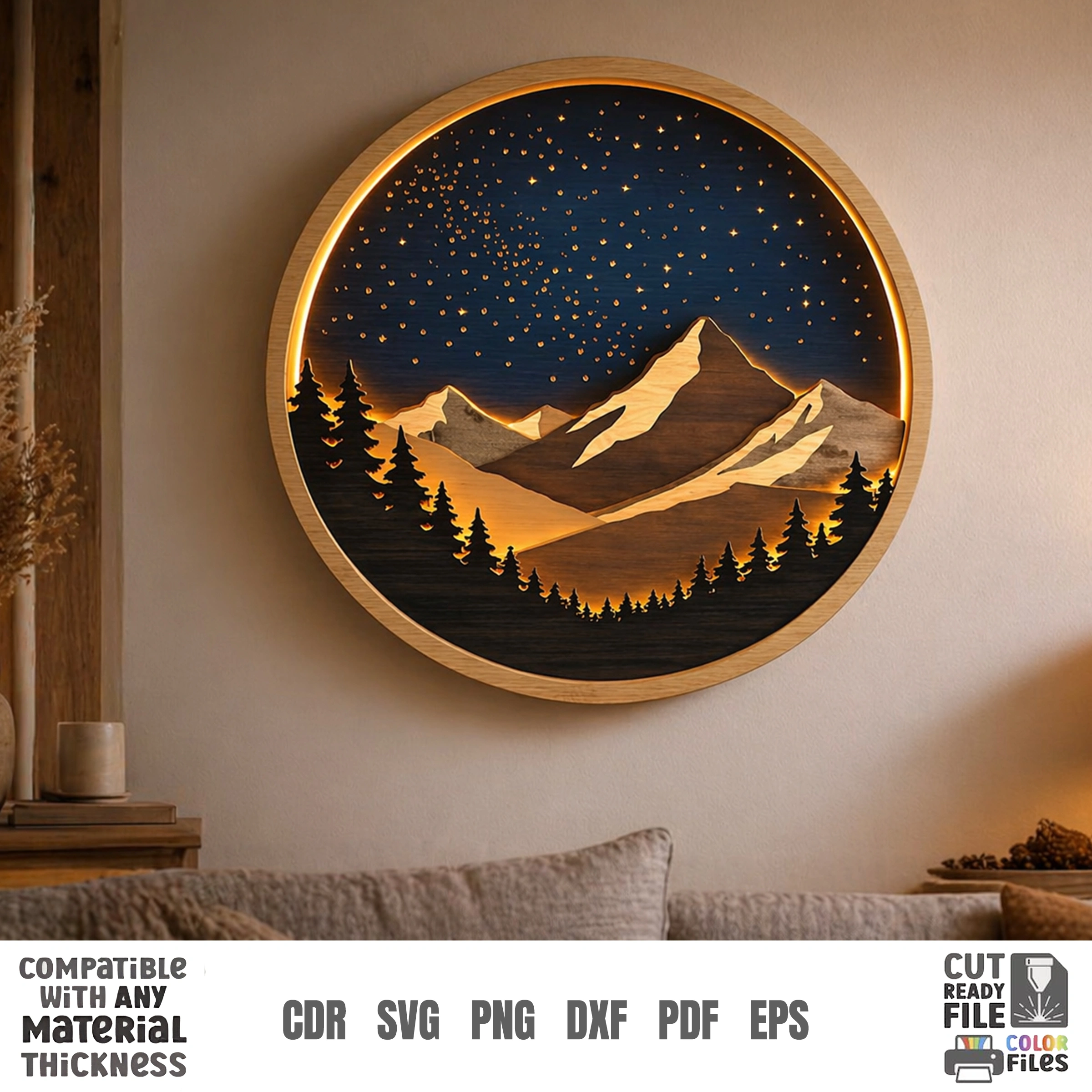 3D Night Wall Decor, Multilayer Laser Cut Files, Shadow Box Wood Art, Glowing Landscape SVG Bundle - Image 9