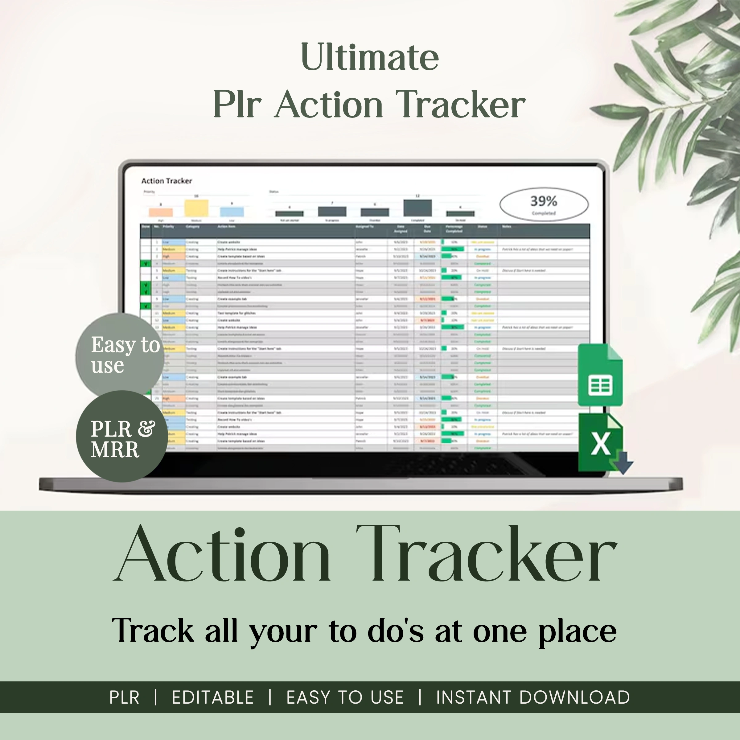 Digital Action Tracker Spreadsheet, Google Sheets To-Do List, Task Manager Excel Template, Project Management Dashboard & Progress Tracker