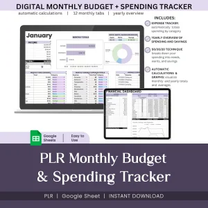 Digital Monthly Budget & Spending Tracker, Google Sheets Finance Planner, Automatic Expense Tracker, 50/30/20 Budgeting Tool