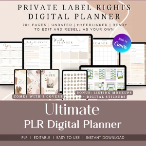 Ultimate PLR Digital Planner Bundle, 70+ Pages Editable Canva Template, Commercial Use Daily Weekly Monthly Planner, Digital Stickers DIY