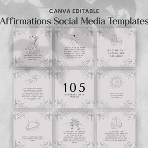 105 Affirmations Social Media Templates, Canva Editable Mindset Branding Kit, Aesthetic Spiritual Business Posts, Modern Boutique Wellness Marketing Bundle