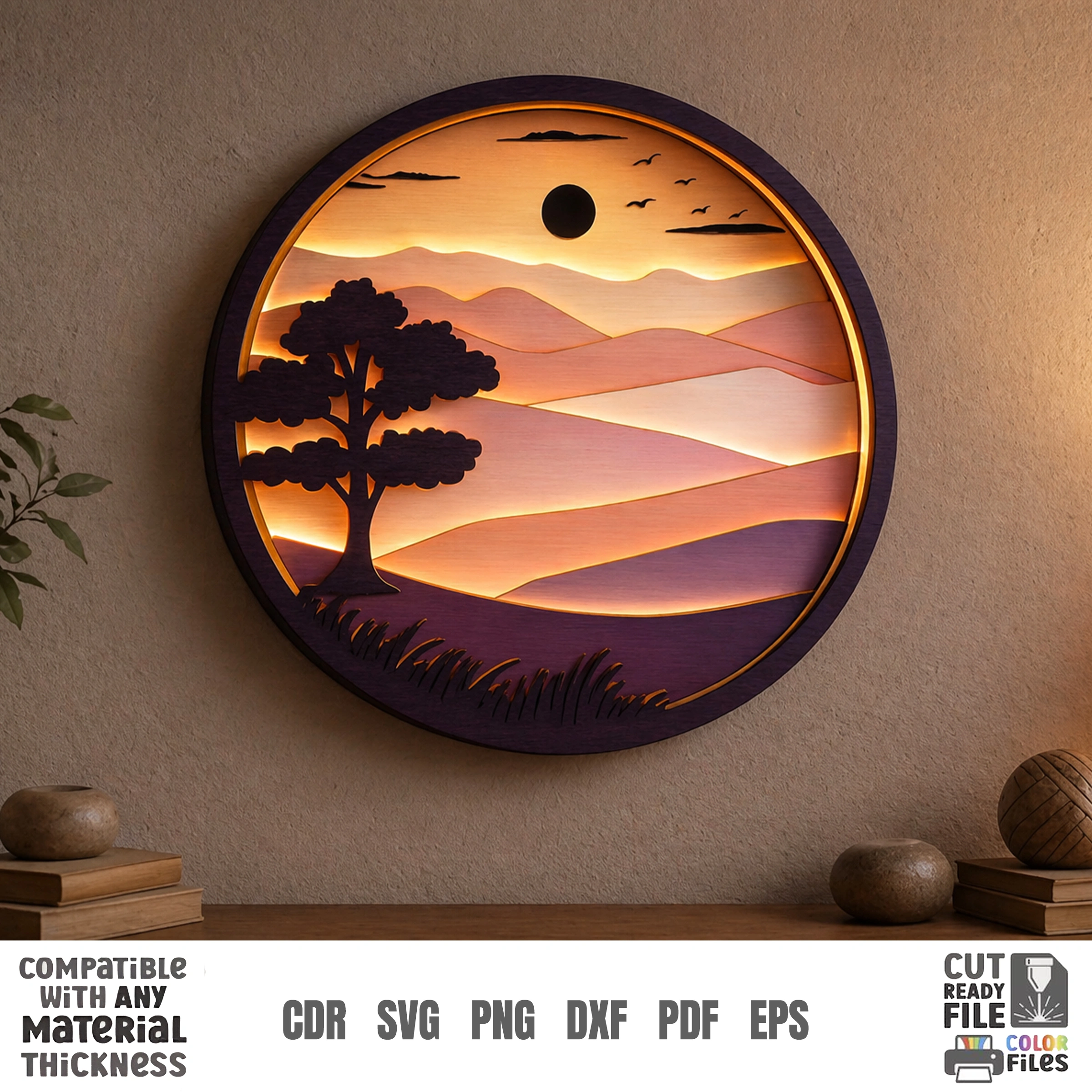 3D Night Wall Decor, Multilayer Laser Cut Files, Shadow Box Wood Art, Glowing Landscape SVG Bundle - Image 4