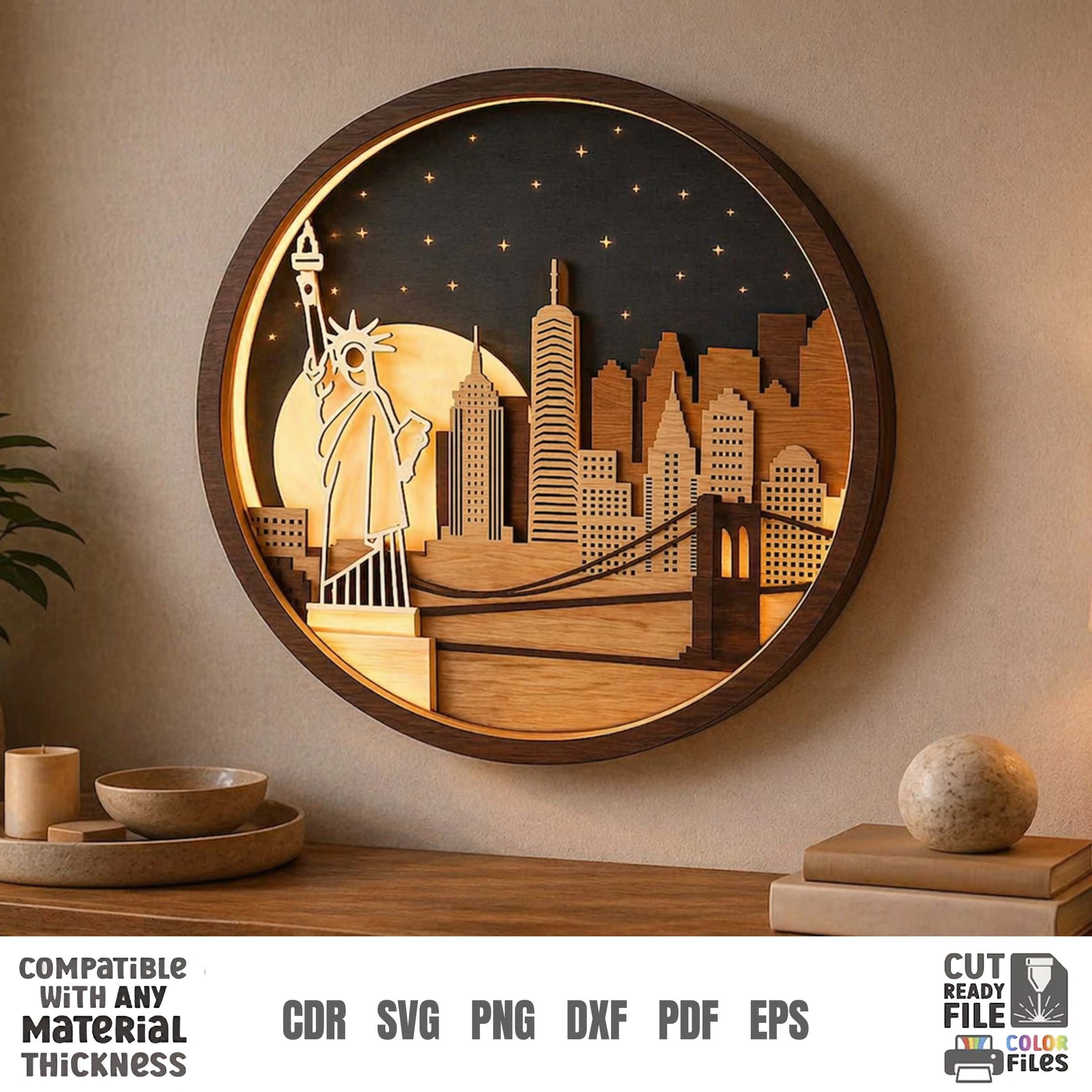 3D Night Wall Decor, Multilayer Laser Cut Files, Shadow Box Wood Art, Glowing Landscape SVG Bundle - Image 5