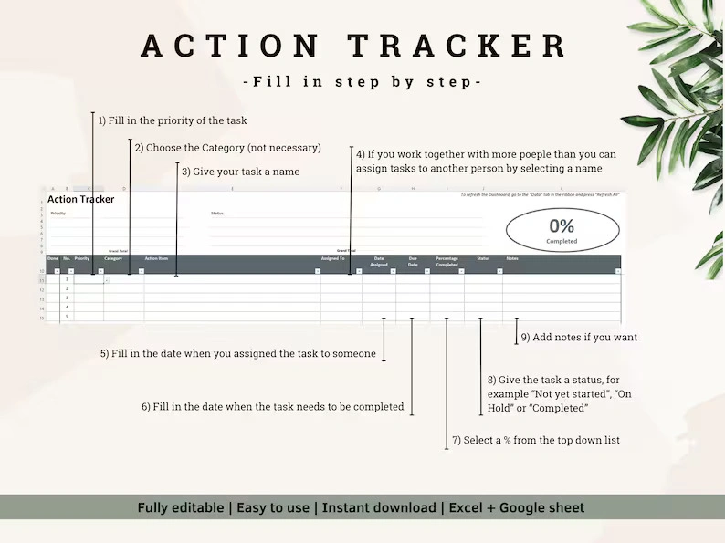 Digital Action Tracker Spreadsheet, Google Sheets To-Do List, Task Manager Excel Template, Project Management Dashboard & Progress Tracker - Image 6