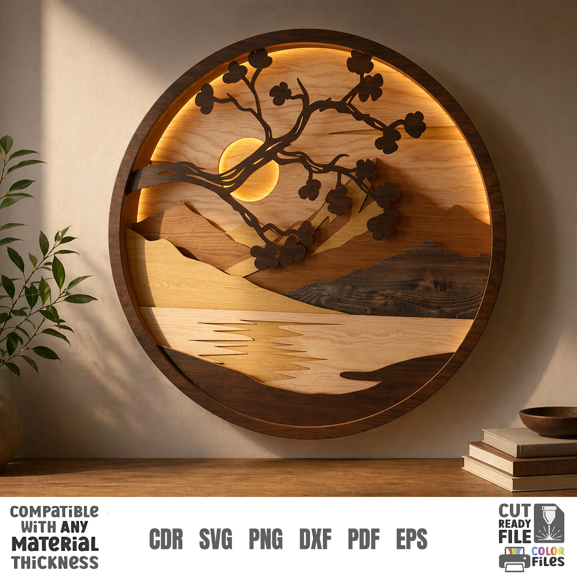 3D Night Wall Decor, Multilayer Laser Cut Files, Shadow Box Wood Art, Glowing Landscape SVG Bundle - Image 6