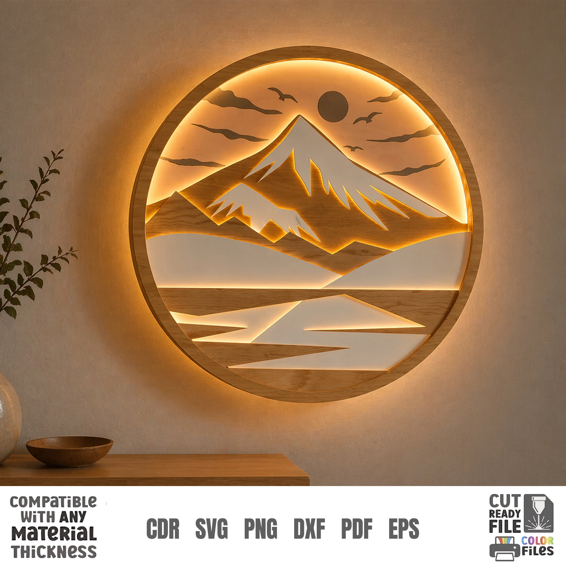 3D Night Wall Decor, Multilayer Laser Cut Files, Shadow Box Wood Art, Glowing Landscape SVG Bundle - Image 7