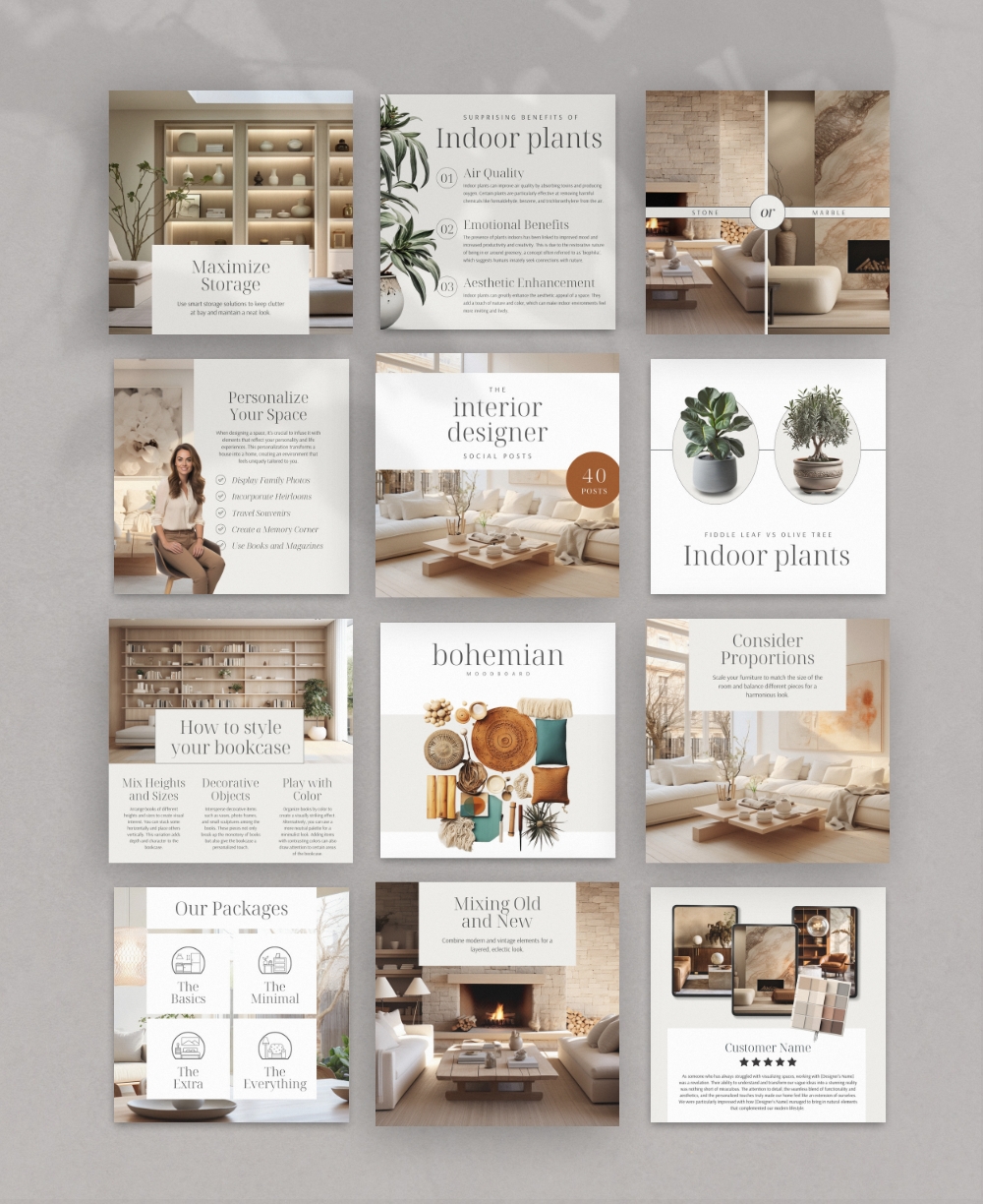 Interior Design Social Media Templates, Canva Editable Moodboards, Aesthetic Home Decor Posts, Premium Interior Branding Kit