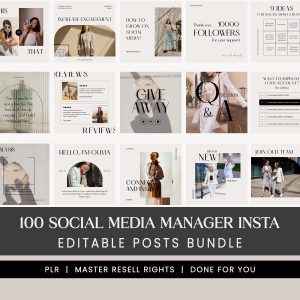 100 Social Media Manager Instagram Templates, Canva Editable Marketing Posts, Aesthetic PLR & MRR Branding Kit, Modern Boutique Strategy Bundle