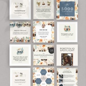 Photographer Social Media Templates, Canva Editable Photography Posts, Aesthetic Camera Branding Kit, Minimalist Photography Marketing Bundle