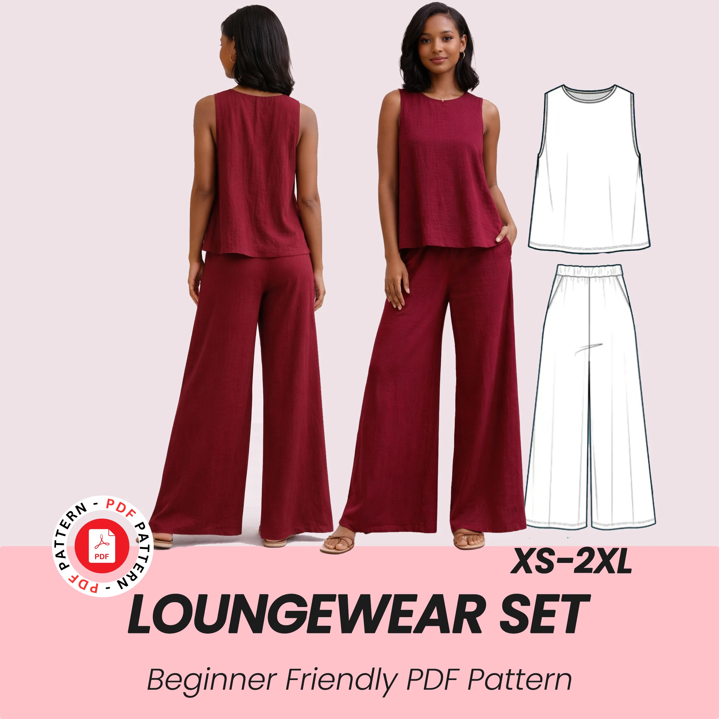 Loungewear Set PDF Sewing Pattern, Tank top + Wide Leg Pants pattern, Lounge wear dress