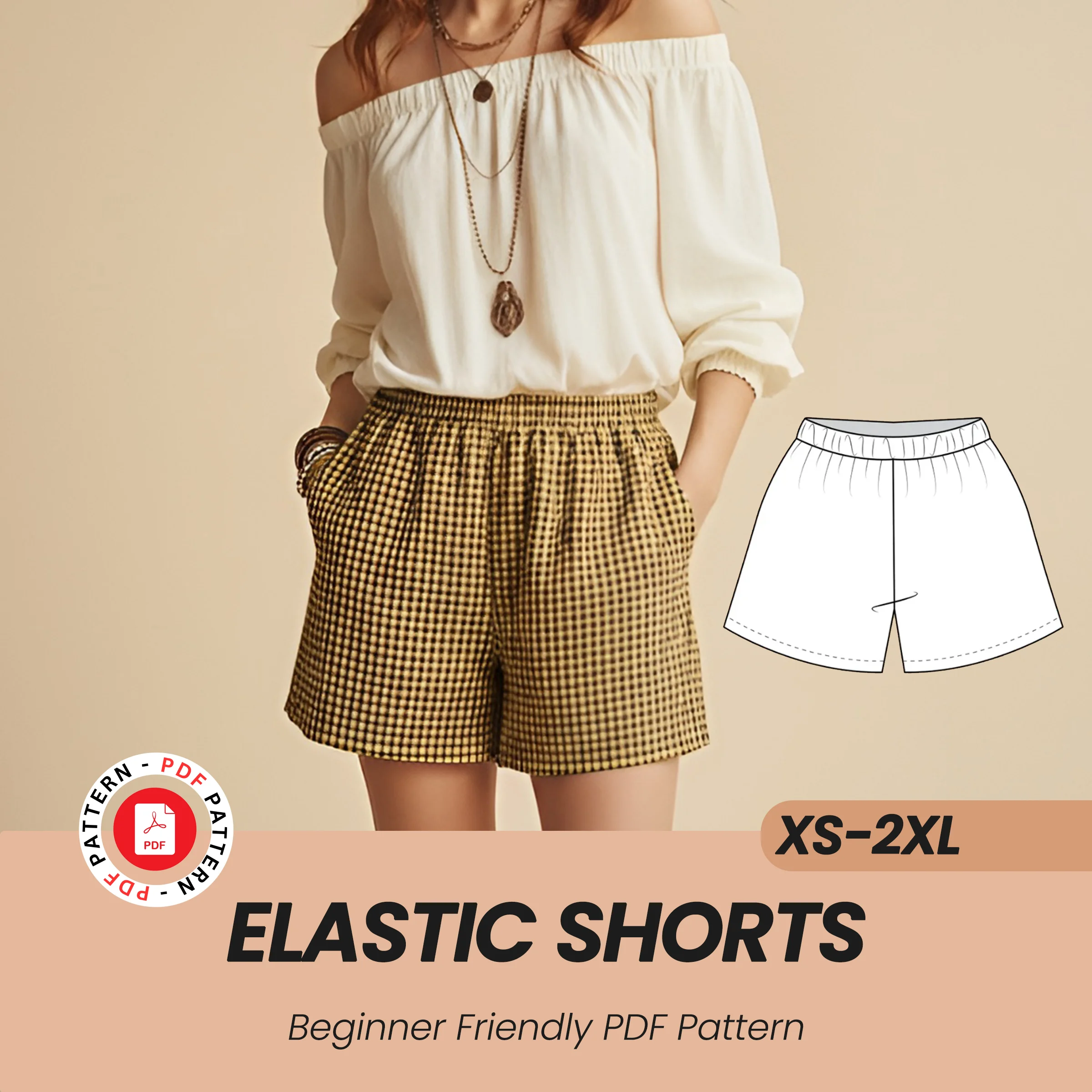 Women's Elastic Shorts Sewing Pattern, Pockets, Summer High Waist (XS-2XL) - Image 7