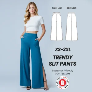 Slit wide leg pants sewing pattern, Women comfy bottoms, instant download, Sizes Xs - 2xl