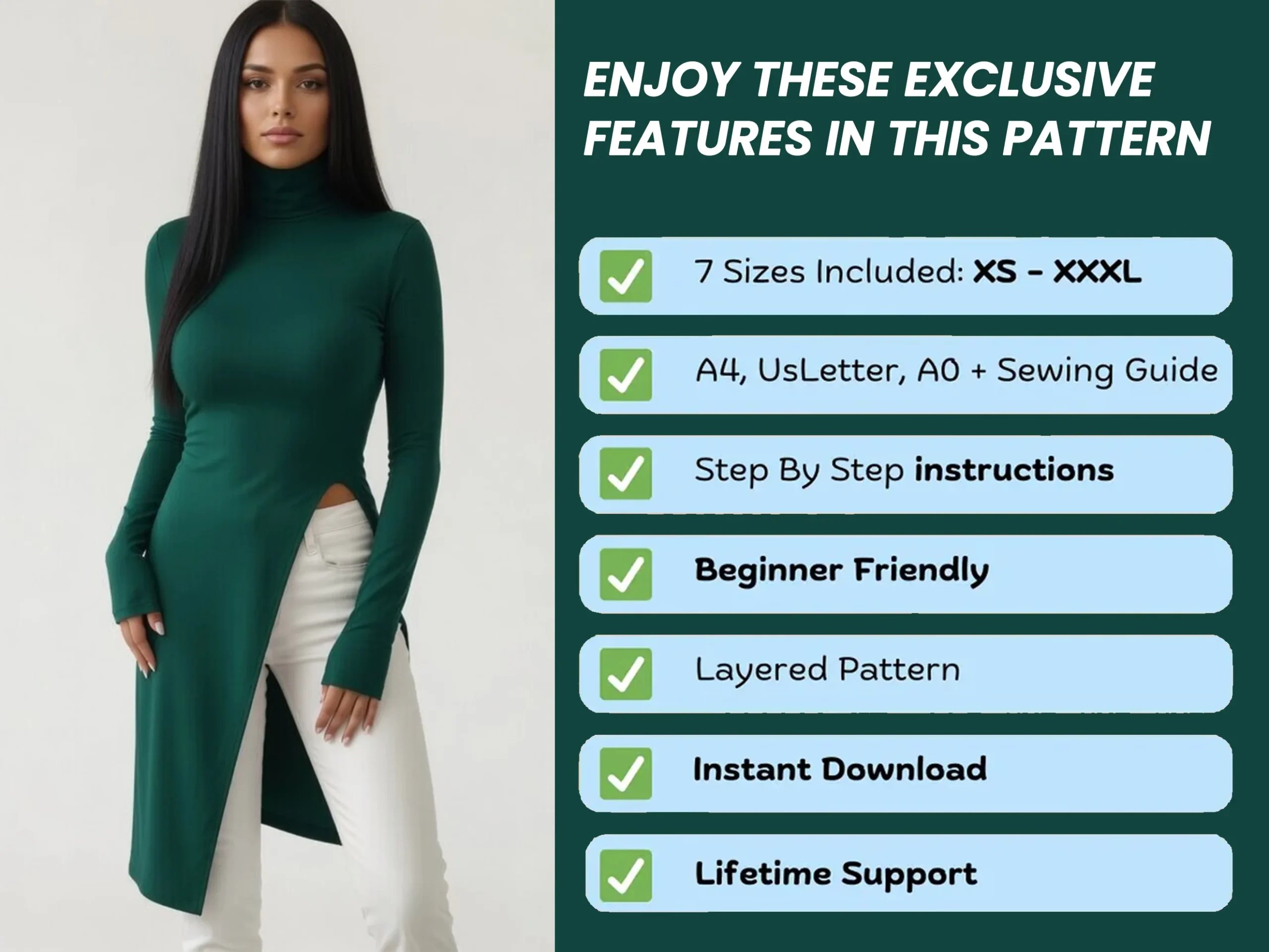 Turtleneck Split Thigh Dress Sewing Pattern, Beginner Friendly (PDF Pattern) - Image 7