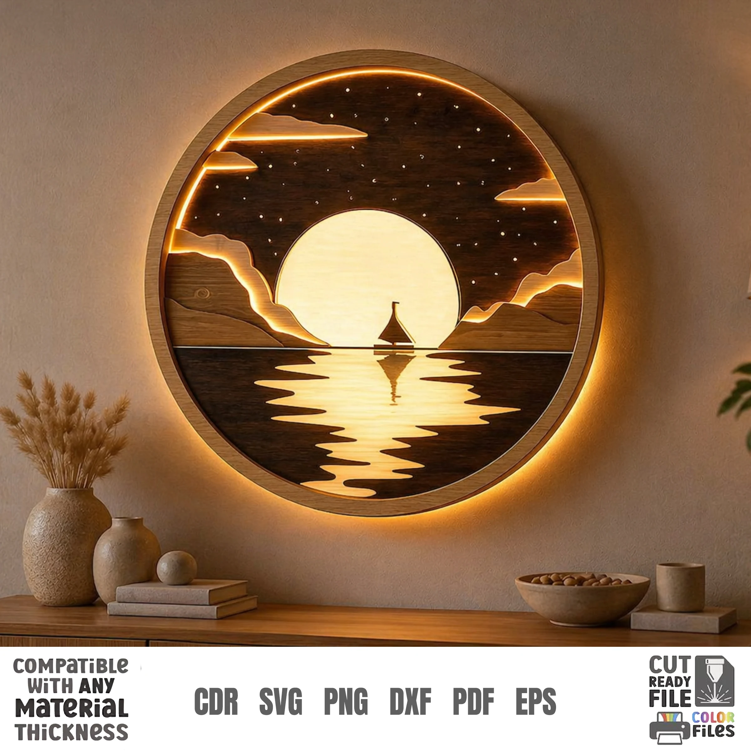 3D Night Wall Decor, Multilayer Laser Cut Files, Shadow Box Wood Art, Glowing Landscape SVG Bundle - Image 10