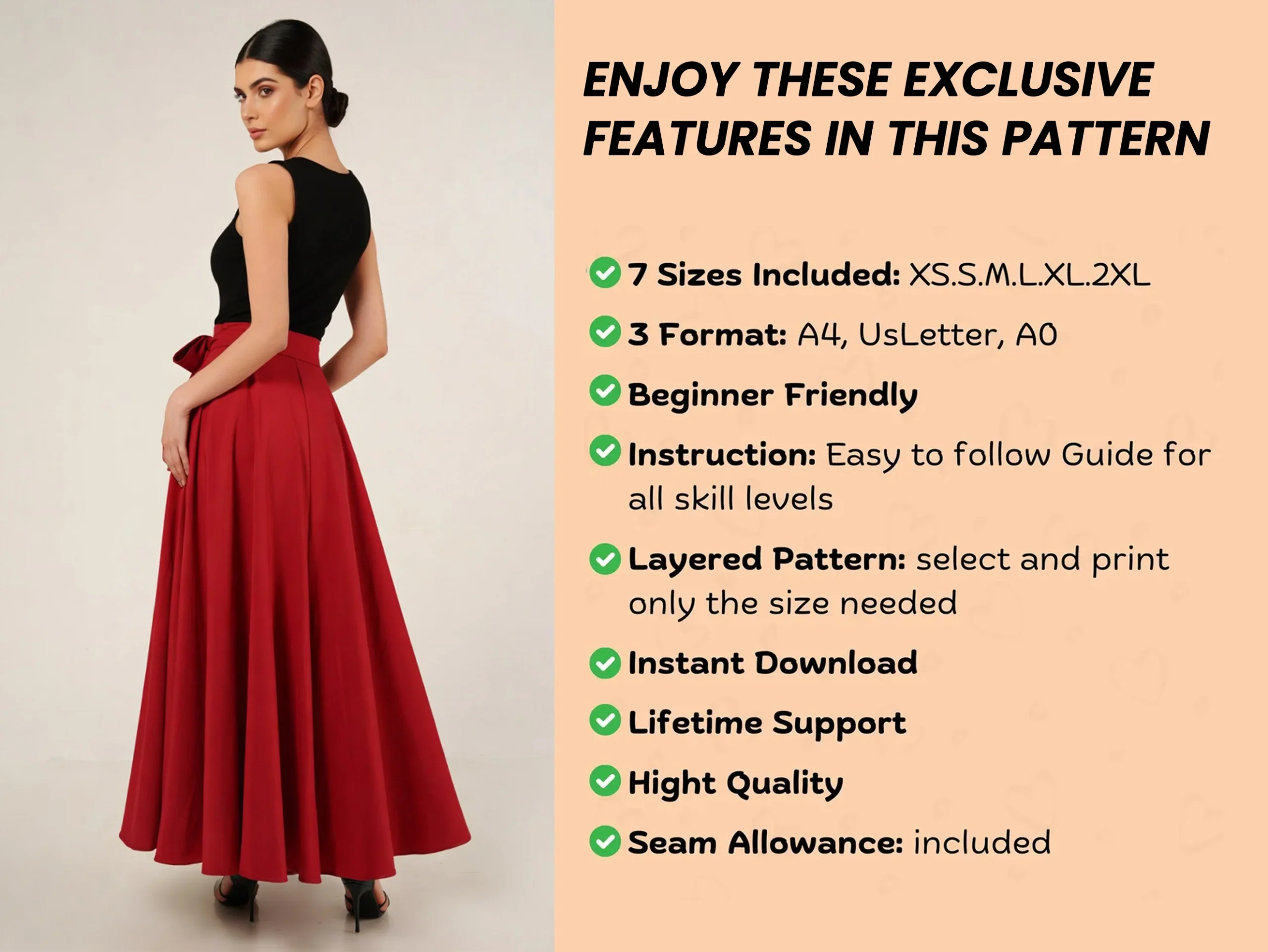 Easy Tie Maxi Skirt Sewing, Women's High Waisted Circle (PDF) - Image 3