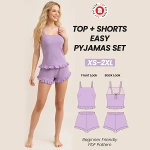 Top + Shorts Pyjama Set Sewing Pattern | Sleepwear Women's Elastic Wide Leg Shorts & Square Neck