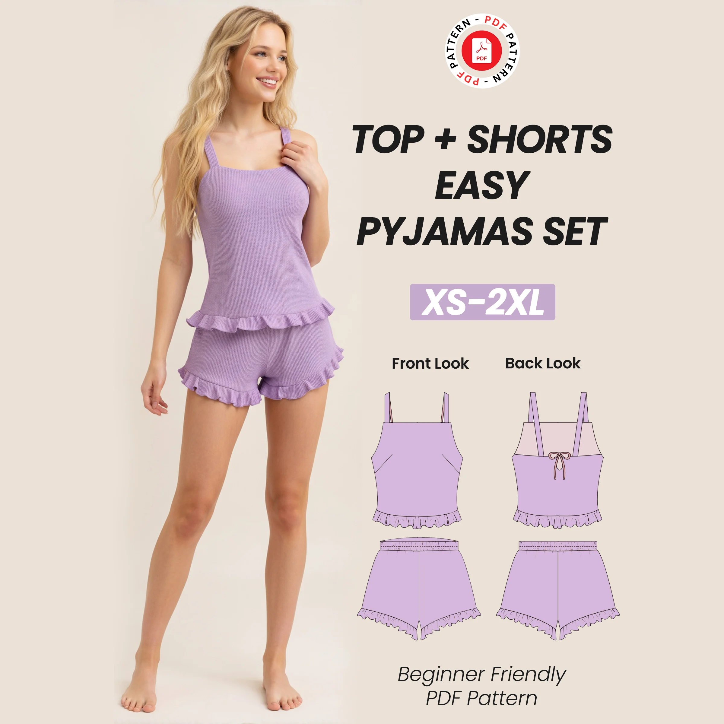 Top + Shorts Pyjama Set Sewing Pattern | Sleepwear Women's Elastic Wide Leg Shorts & Square Neck