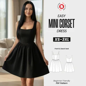Corset Mini Dress Sewing Pattern, Square Neck Bustier Eveningwear (PDF Download)