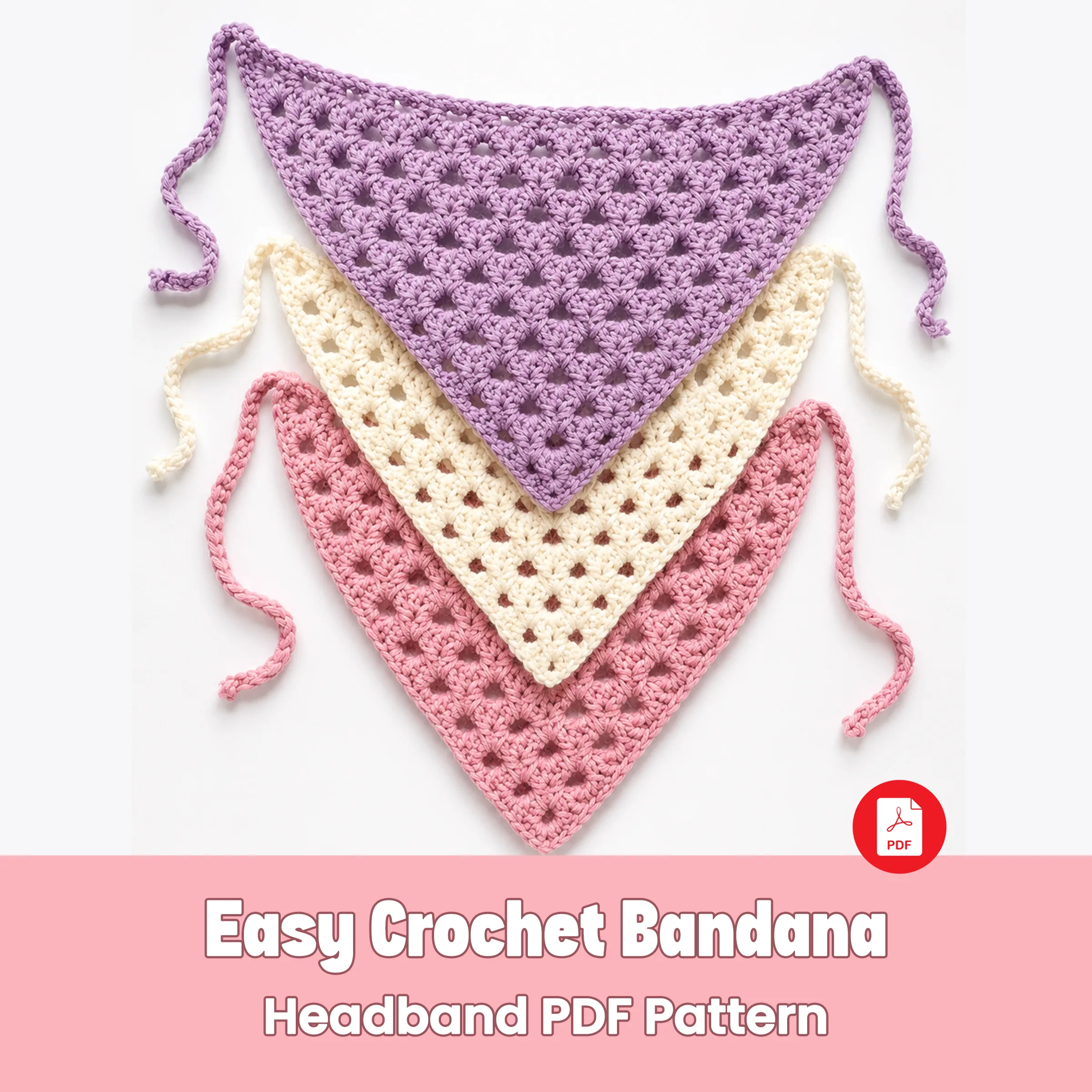 Easy Crochet Bandana Headband Pattern, Crochet Hair Scarf Kerchief Pattern PDF, Beginner Friendly Instant Digital Download